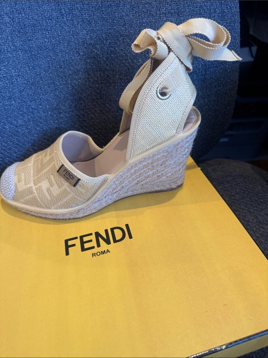 Fendi Shoes - Fendi Beige Woven Espadrille Wedge Sandals with Ankle Ribbon